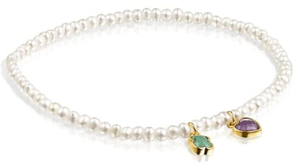 TOUS Pulsera de Perlas para Mujer con Baño de Oro 18 kt sobre Plata y Amazonita y Amatista, 16,5 cm de Largo, Elegante y Versátil. Colección Glory