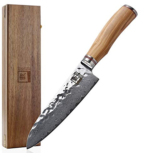 zayiko Minami Premium Santokumesser mit 17,5 cm Klinge gefertigt aus 67 Lagen echtem Damaststahl mit Hammerschlag und Olivenholzgriff I Holzbox I Damastmesser Küchenmesser und Profi Kochmesser