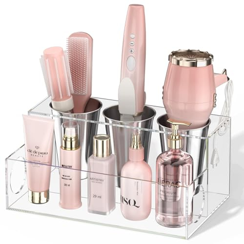 NIUBEE Hair Tool Organizer, Clear Acrylic Hair Dryer and Styling Organizer, Bathroom Countertop Blow Dryer Holder, Vanity Caddy Storage Stand for Accessories, Makeup, Toiletries