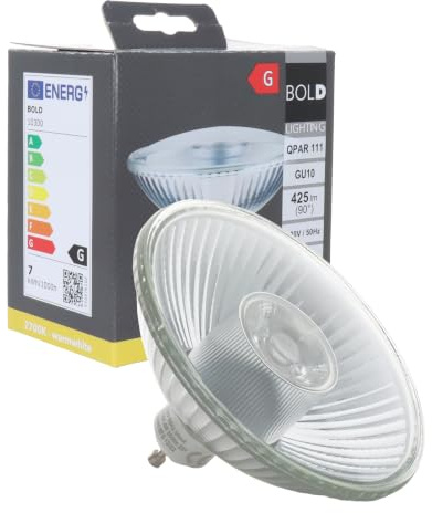 BOLD Lighting QPAR 111 (ES 111) LED GU10 Reflektor-Leuchtmittel (425 Lumen | Dimmbar | 6,5 W entsprechen 40 W | 2700k warmweiß | 15.000 Std. Laufzeit),Aluminium | 425 Lumen warmweiß 2700K Strahler mit 111x70mm Abmessung. Ersetzt 40W Halogen. 15.000h Laufzeit aus robustem Aluminium