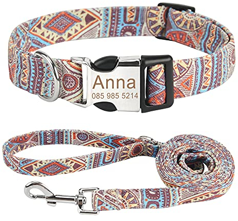 Personalisiert Hundehalsband und Leine Set, Frei graviertes Name und Telefonnummer Hunde Halsbänder, Verstellbares Retro Nylon Hunde Halsband für kleine mittlere große Hund(L,Orange-Set)