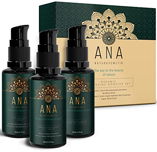 Bio Gesichtspflege Set 3x30 ml - Geschenke für Frauen - Vitamin C Serum Gesicht mit Vitamin A + E - wirksames Retinol & Hyaluron Gesichtsserum mit Aloe Vera Gel Basis - ANA Naturkosmetik