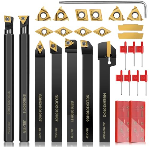 Joogto Herramienta de torneado de torno indexable, kit de 14 piezas de vástago de 10 mm, 7 piezas de soporte de herramientas de torno de metal para torneado, ranurado, taladrado con 7 piezas de