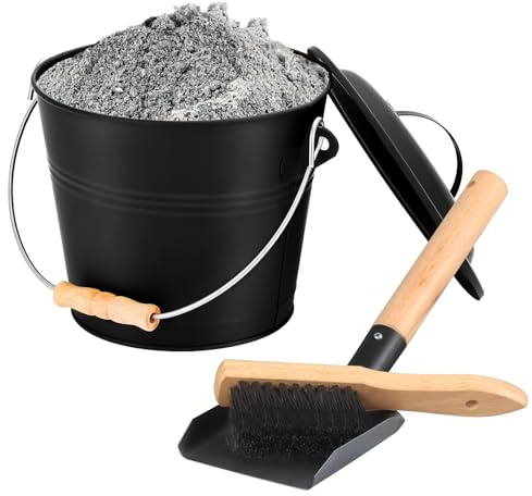 FEED GARDEN 1.5 Gallon Mini Ash Bucket with Lid,Shovel,Broom and Screwdriver,Iron Metal Bucket,Pellet Charcoal Bucket Ash Can for Fireplace Fire Pits,Hearth,Wood Stoves,Indoor Outdoor，Black