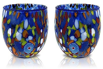 MAZZEGA ART & DESIGN - 2 Verres à Eau Goto, Soufflé et Fait Main avec Murrine de Murano Raffinée et Originale - Les Couleurs de Murano - Modèle Classique 320 ml. Fabriqué en Italie