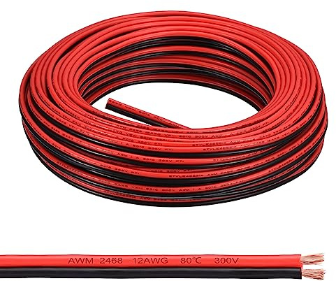 QUARKZMAN 12AWG Elektrischer Draht 2 x 3,31 mm² Strom Kabel 30 Meter Weich und flexibel Kupfer Verlängerungskabel UL2468 Mantelleitung Gerätekabel PVC Silkon 2 adrig Rot Schwarz Elektrokabel