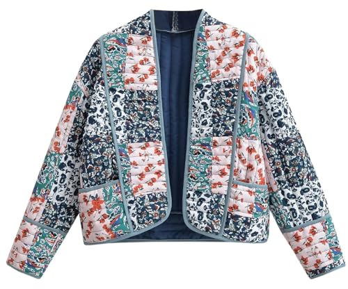 Wyeysyt Women's Cropped Puffer Quilted Jacket Cardigan Floral Printed Lightweight Long Sleeve Open Front Short Padded Coats(03Blue-L)
