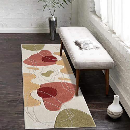 payé Tapis de couloir à poils courts - Beige - Multicolore - 80 x 300 cm - Design bohème abstrait moderne et scandinave - Tapis de chambre à coucher