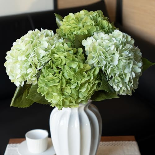 DUYONE, 4 fiori artificiali grandi, ortensie in lattice, bouquet per matrimoni, ufficio, casa, decorazione per feste (2 pezzi verde + 2 pezzi verde chiaro)