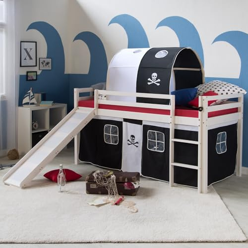 Homestyle4u Hochbett 90x200 mit Rutsche, Pirat Spielbett & Matratze | Kinderbett aus Kiefernholz in Weiß Schwarz - inkl. Tunnel, Leiter und Lattenrost - Abenteurer-Bett für das Kinderzimmer
