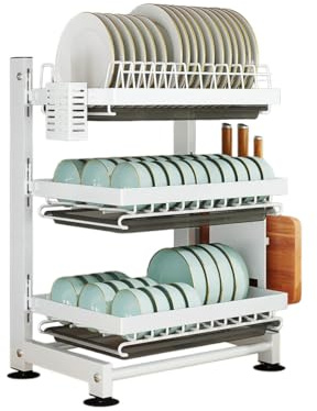 Heikoeco® Abtropfgestell Geschirr, Geschirrabtropfgestell mit Abtropfschale & Utensilienhalter, 3-stufiges Geschirr Abtropfständer, höhenverstellbares Abtropfgestell (Weiß, 3 Ebene)