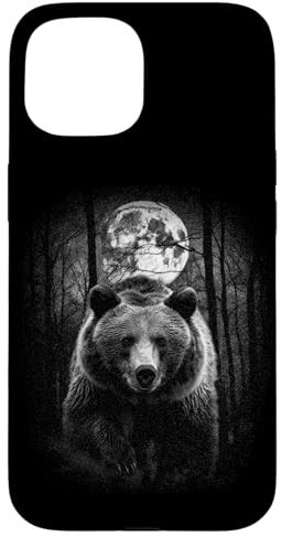Grizzly dans la forêt sombre la nuit et la pleine lune Ours Coque pour iPhone 15