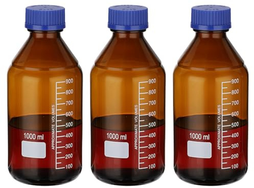 PATIKIL 3 Pack Reagent Media Storage Bottles, 1000ml Borosilicate Glass Graduated Round Bottles with GL32 Blue Screw Cap for Lab Water Reagent Liquids, Amber