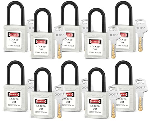 Juego de candados aislados, paquete de 10, grillete de nailon, cilindro de aleación de zinc, llave diferente, 2 llaves por candado de seguridad, para áreas conductoras (BD-G16KA-10PCS-blanco, llave