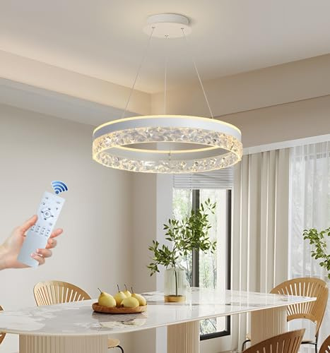 GaoHX Moderner Kristall Kronleuchter Dimmbar LED Pendelleuchte Esstisch, Esstischlampe Höhenverstellbar Esszimmerlampen Rund Ring Hängeleuchte LED Hängelampe für Esszimmer Küchen Bar Leuchten(Bianco)