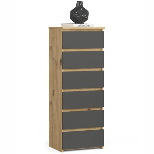 AKORD Kommode CL6 40 cm | 6 Schubladen | Schrank | für das Wohnzimmer | für das Schlafzimmer | B40 x H109 x T35 cm | Gewicht 25,5 kg | Artisan Eiche/Graphitgrau