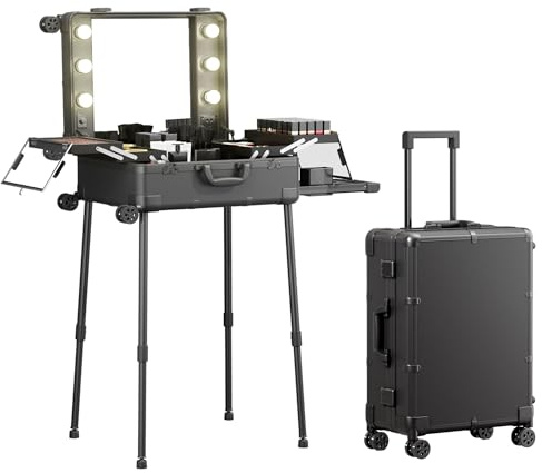 Valise de Maquillage à Roulettes en Aluminium, Grand Miroir avec 6 Ampoules, Organisation de Cosmétiques avec Serrure à Code, Station de Mallette Maquillage Pliable pour Voyage et Studio Professionnel
