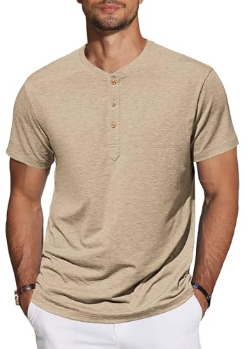 TARAINYA Henley T-Shirt Uomo Cotone Maniche Corte Maglietta Casual Comfortevole con Bottone Quotidiano/Ufficio/Spiaggia Cachi M