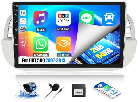 OiLiehu 2G+64G Android 13 Car Stereo for FIAT 500 2007-2015 with Wireless CarPlay Android Auto, 9 IPS Touchscreen 2 Din Radio with WiFi GPS Bluetooth Mirror Link EQ FM RDS SWC Backup Camera