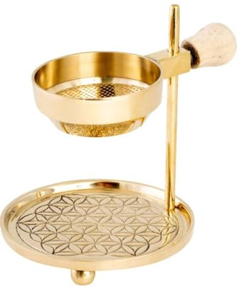 LivuX Räucherstövchen aus Messing goldfarben – Höhe 11 cm verstellbar – Mit Sieb Ø 5 cm & Blume des Lebens Motiv – Für Teelicht & Weihrauch – Holzgriff Natur 1218