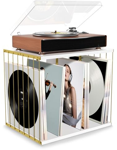 Emfogoo Caja Vinilos, Madera Soporte Vinilos, Estilo Vintage Multifuncional Mueble para Vinilo con 3 Compartimentos, Tocadiscos de Vinilo Stand Hasta 100 Álbumes, para Sala de Estar oficina (Blanco)