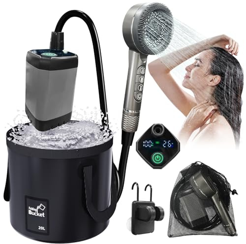 Zelvia Tragbare Campingdusche mit Pumpe und 20L Falteimer Camping Dusche Outdoor mit wiederaufladbarem 6000 mAh für Camping Reisen Garten Haustiere Autowaschen