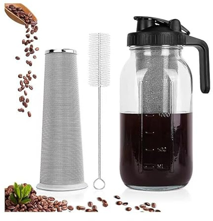 Fesatccoz Cold Brew Coffee Maker, 2L/64oz Glass Iced Coffee Pitcher with Spout Lid Stainless Steel Brush and Super Dense Filter with Handle