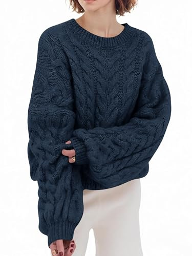 Saodimallsu Jersey de mujer de gran tamaño, cuello redondo, de punto, manga larga, con diseño de trenzado, de punto grueso, de un solo color, casual, para invierno, parte superior, azul oscuro, M