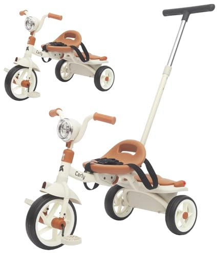 Twinly Triciclo Evolutivo per Bambini Pieghevole per bambini 1-5 Anni - Triciclo per Bambini Leggero e Compatto - Manubrio con Luce e Suono, Cestino e Barra di Spinta Regolabile Carly (Bianco)