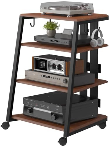 AIMEZO HiFi Rack mit Mikrofonständer & Rädern, Plattenspieler Ständer mit Verstellbaren Ablage, HiFi Regal für Audioanlage, Schallplatten Lagerung