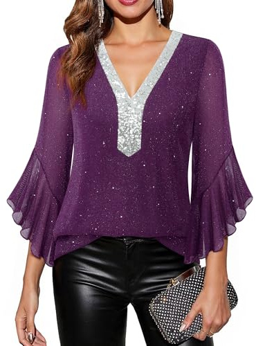 Bodhi talk Elegante Damen Bluse 3/4 Rüschenärmel Glitzer Tunika V-Ausschnitt Doppellagige Mesh Bluse Festliche Oberteile für Perfekte Alltags- und Party