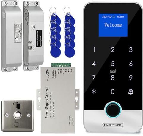 Fingerprint Access Control System,Waterproof RFlD Keypad with DC12V/3A Power Supply,(Lock) Door Switch Button,10pcs Keyfobs (Electric Bolt Lock)