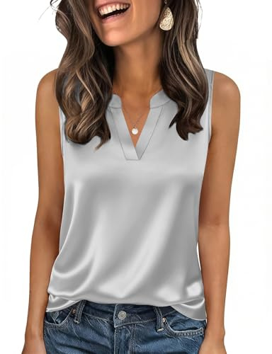 Zeagoo Dam Satin Linne Elegant V-ringning Sidentopp Sommar Ärmlösa Linnen Basic Cami Camisole Ledig Satinblus S-XXL, GRÅ, M