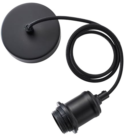 Industrial Black Pendant Light Fitting, Metal E27 Screw Lamp Holder with Lock Ring for Shade, Matt Black Ceiling Rose with 100cm Adjustable Black Braided Flex Cable Ceiling Light Fixture KIT801MBK