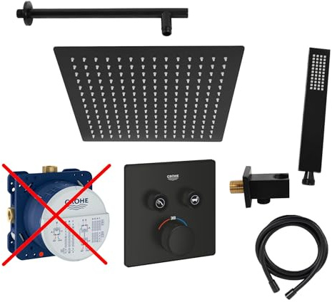 vanvilla Duschsystem Unterputz mit Duscharmatur Grohe schwarz GS31-ob | Duscharmatur von Grohe SmartControl Thermostat Armatur und vanvilla Regendusche Duschkopf eckig, Dusch-SET schwarz
