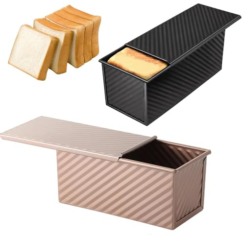 HECHKJ Moldes para Pan con Tapa, Set de 2 Moldes para Pan de Horno, Acero al Carbono, Con Ventilación, Negro y Rosa Dorado, Ideal para Pan de Molde y Pasteles