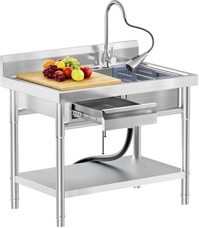 RiveraSink Fregadero de Cocina Industrial con Banco de Trabajo y Cajón, 100x55x80cm Mesa de Acero Inoxidable con Grifo 360°, Estación de Lavado para Jardín, Hostelería, Garaje y Exterior