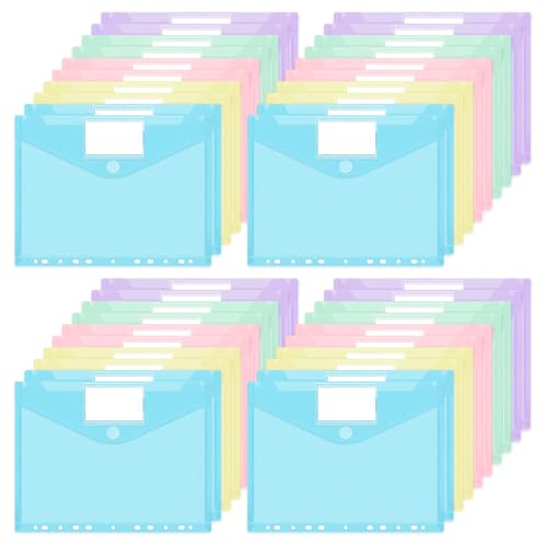 JEFURE A4 Dokumententasche, mit Klettverschluss, 40 Stück, 5 Pastellfarben | Durchsichtige Dokumentenmappe, Wasserabweisend, 11-Loch, Etikettentasche, für Dokumente Organisation, Büro und Schule