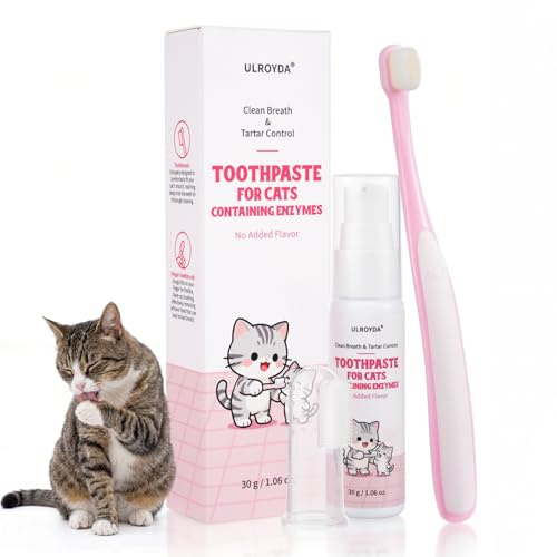 ulroyda Pasta de Dientes Enzimática para Gatos - Kit Dental con Cepillo, Gel Sin Perfume contra la Placa y Mal Aliento, Previene el Sarro - 30g