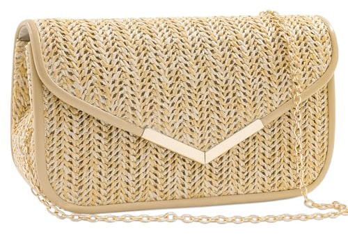 Toptime Clutch Bags for Women, Envelope Straw Clutch Bag with Detachable Chain, Stylish Small Cross Body Bag with Natural Handmade Woven, Beige Summer Straw Handbag for Holiday Party Wedding Prom