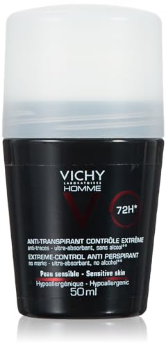 Vichy Homme Deodorante Roll-On da Uomo, Adatto alle Pelli Sensibili, Controllo Estremo per 72H, Sensazione di Freschezza Immediata, Con Acqua Termale di Vichy e Sali di Alluminio, 50 ml