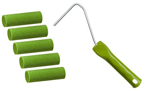 Schaumwalze fein 11 cm im 5er Set mit Bügel, gerade Kante | Feinporige Schaumstoffwalzen mit gerader Kante: 5 Walzen und Bügel 6 mm für glatte, streifenfreie Flächen