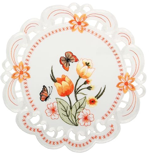 Quinnyshop Orange Tulpen und Schmetterlinge Stickerei Tischdeckchen 30 cm Rund Polyester, Weiß