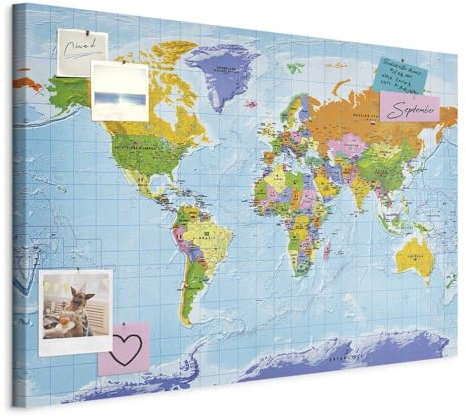 murando - Tableau à Épingles et Peinture sur Toile Combinés 120x80 cm - Avec Crochets Clous et Punaises Argentées - Panneau en Fibres pour Notes et Affichage - Carte du monde k-A-0135-v-a