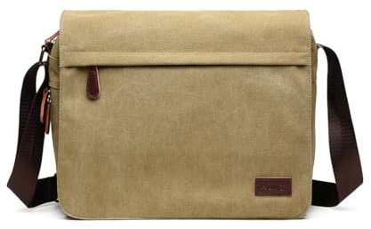 Kono Messenger väskor, herr kanvas axelväska retro bärbar dator portfölj med flera fickor för skola resa affärer, passar för 13 tums bärbar dator, Khaki, 13.4''*3.5''*11.8''(L*W*H), Axelväskor