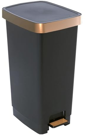 SUNDIS Ring Bin, Mülleimer 40l mit Pedal, Sanft schließender Deckel, aus recyceltem Kunststoff, rechteckig, schwarz und kupfer, mit Henkeln zum Aufhängen und Verstecken der Tasche, für Küche, Büro | Mit Henkeln zum Aufhängen und Verstecken der Tasche, schwarz und kupfer, für Küche, Büro, Waschküche, Garage, Werkstatt