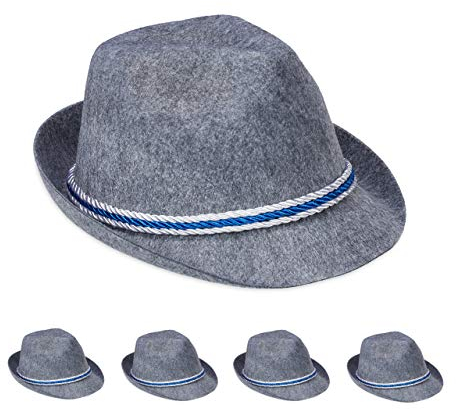 Relaxdays Trachtenhut Bayern, 5er Set, blau-weiße Kordel, Filzhut mit Krempe, Bayernhut Kostüm, Polyester, dunkelgrau