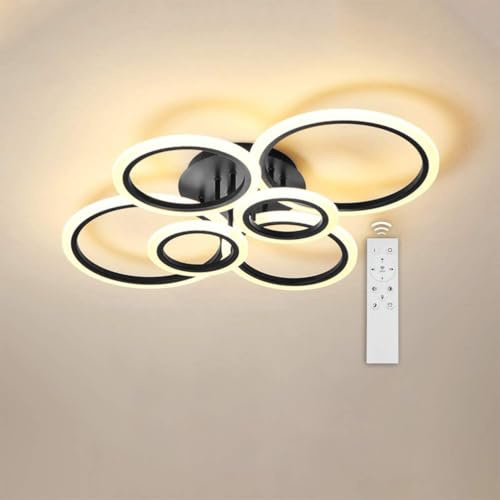 Modern 64W LED Deckenleuchte Wohnzimmerlampe Dimmbar 3000-6000K Deckenlampe mit Fernbedienung, schwarz 6 Kreise Design Pendelleuchte aus Acryl für Wohnzimmer Schlafzimmer Esszimmer lampe, 80*60*12cm