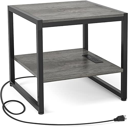Homieasy End Table with Charging Station, 20 Mini Fridge Stand with Power Outlets, Heavy Duty Side Table for Living Room, Small Table Stand & Fridge Table, Black Oak