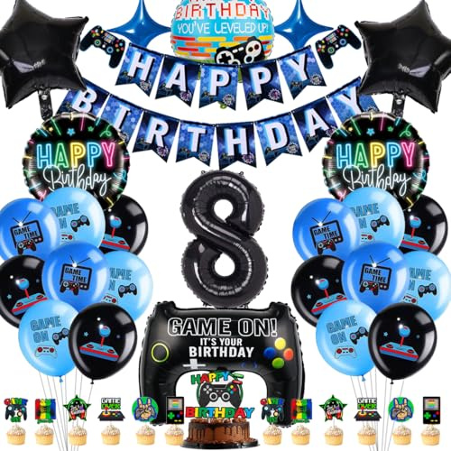 Videospiel Geburtstagsdeko 8 Jahre, Geburtstag 8. Junge Spiel,Gamer Party Geburtstag Deko Set, XXL Gaming Controller Folienballons Set mit Banner Cake Topper，für Junge Geburtstag Spielthemen Party